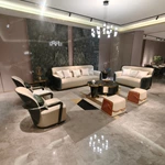 Modern Luxury Sofa Set with High-Gloss Natural Burl Wood Veneer, Gold Stainless Steel Trim & Dual-Tone Upholstery